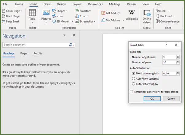 Screenshot showing the Insert Table Dialog Box.