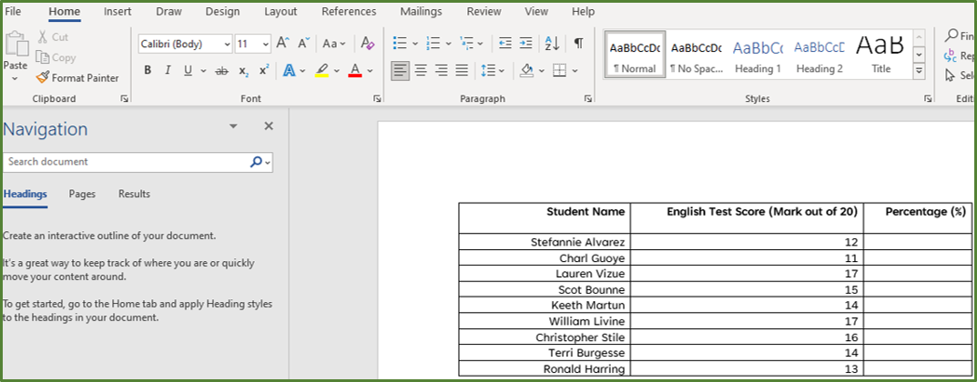 Screenshot showing the Table in Word.