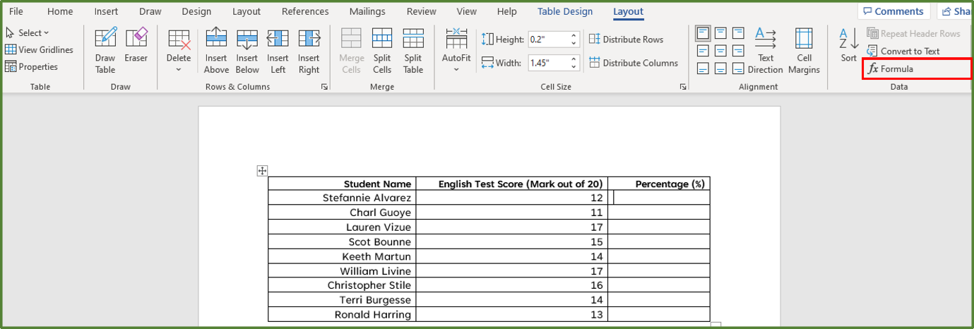 Screenshot showing the Formula option in the Data Group of the Layout Tab, highlighted.