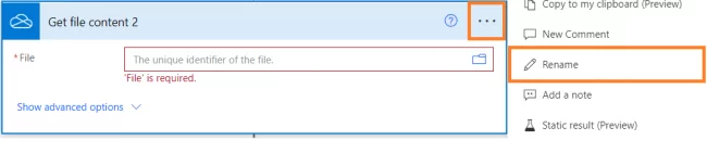 Rename this newly added action to Get pdf file content by clicking on ellipsis icon and then clicking on Rename.