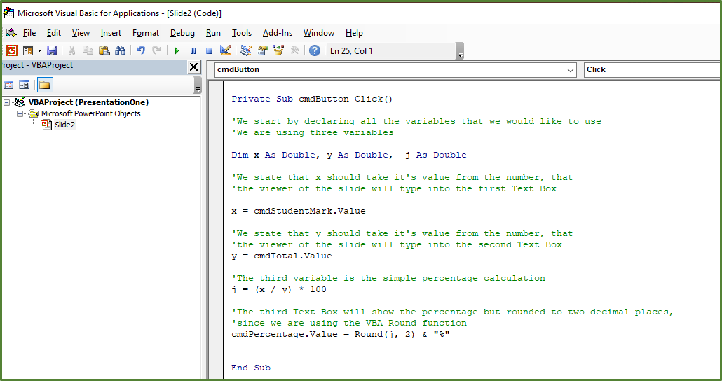 Screenshot showing the VBA code needed for the Percentage Calculator.