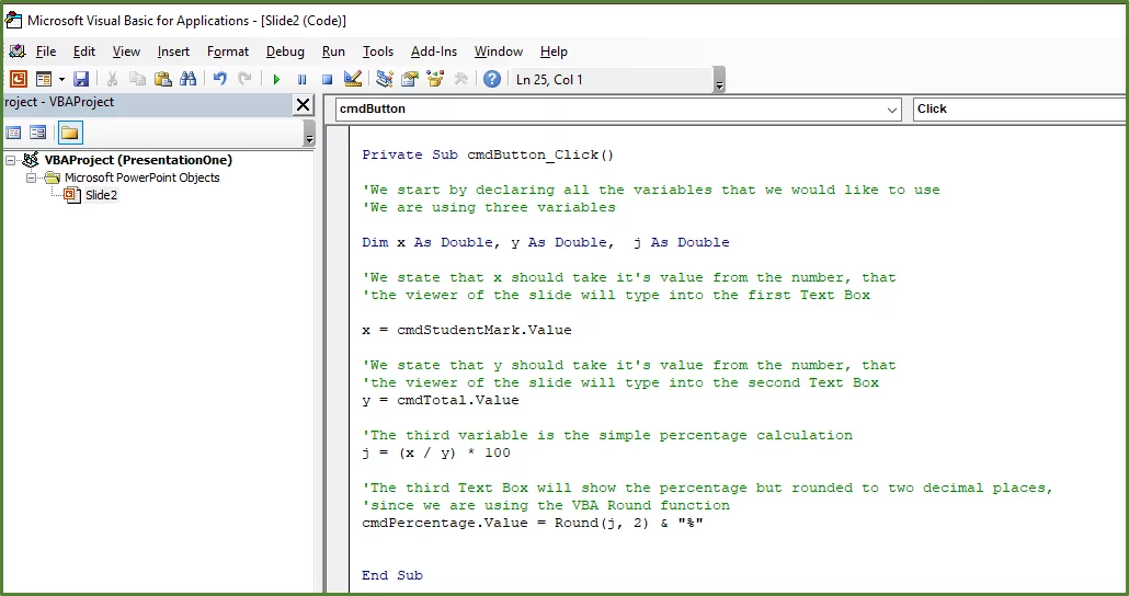 Screenshot showing the VBA code needed for the Percentage Calculator.