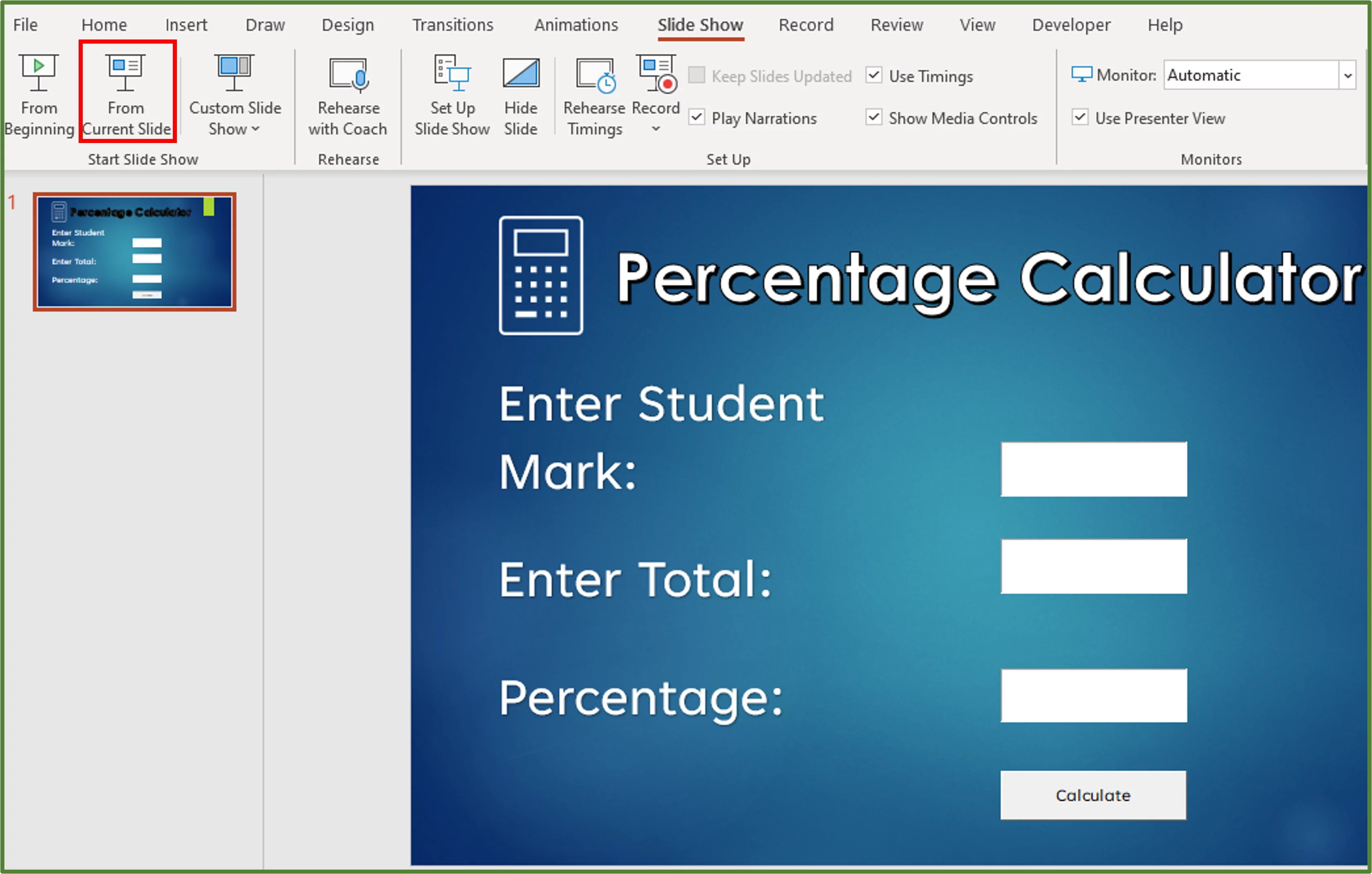 Screenshot showing the From Current Slide option, highlighted.