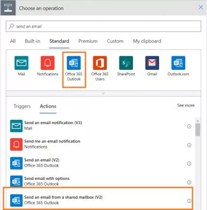 Select Office 365 Outlook under Standard tab