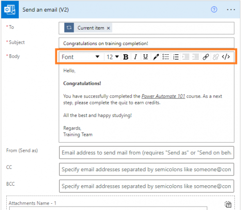 tool pane available in the Body section where we can do some basic formatting to the email body