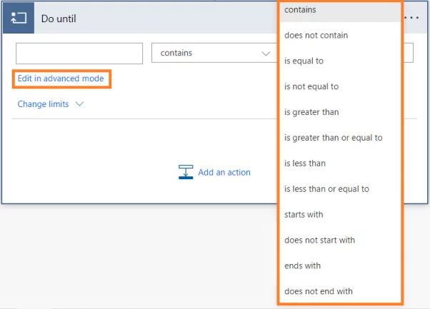 Power Automate also provides the negative of the above comparison types 