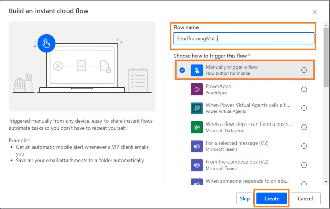 select manually trigger a flow, click on create