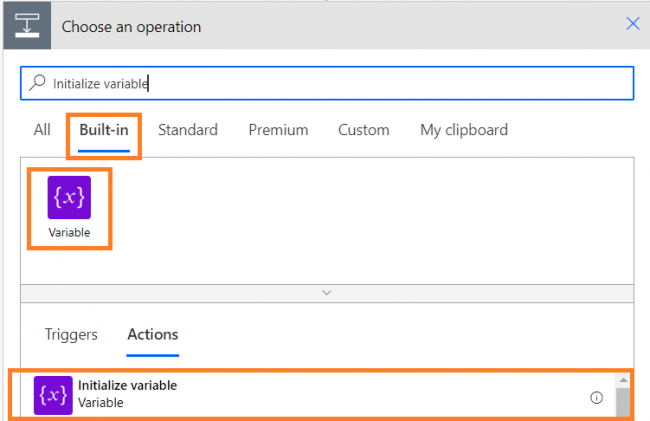 click on variable under built-in tab and select initialize variable action