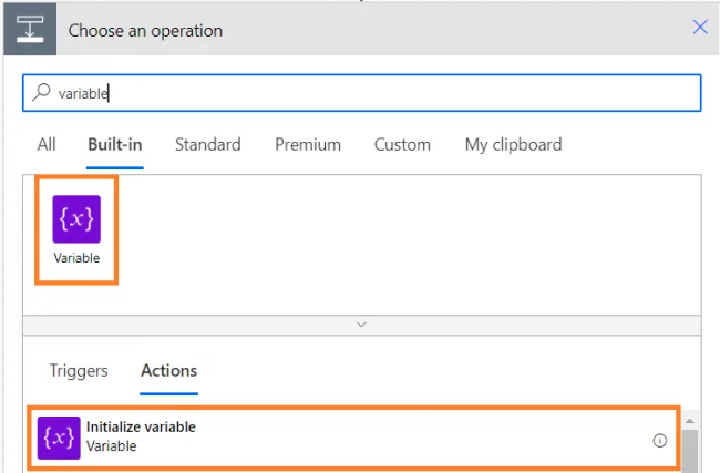 Configuring A Do Until Loop - Variable in the Built-in tab. Select Initialize variable action