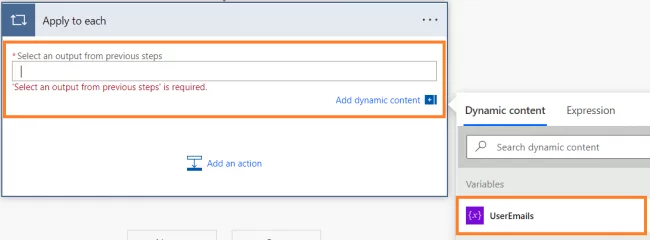select useremails variable from dynamic content