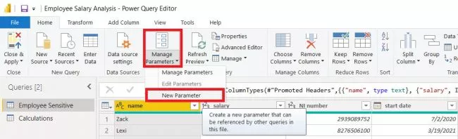 manage parameter and new parameter in home tab