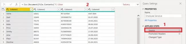 source option in power query editor applied steps bar