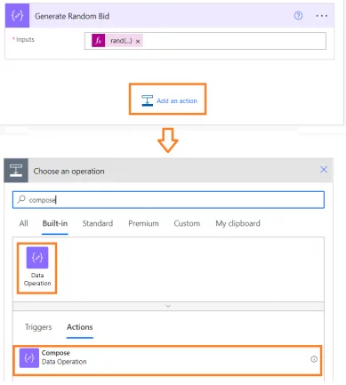 Click on Add an action. Select Compose under Data Operations.