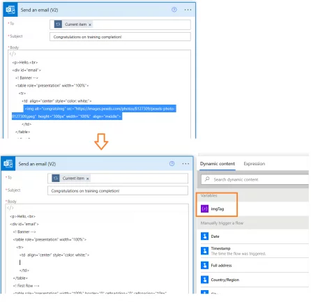 select the HTML img tag and replace it with the imgTag variable.