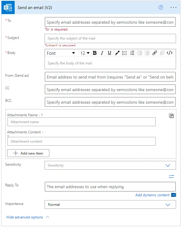 set the importance of the email as Normal, Low or High