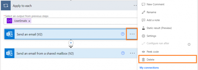 we can delete the Send an email (V2) action. Click on the ellipsis icon and click on Delete. 