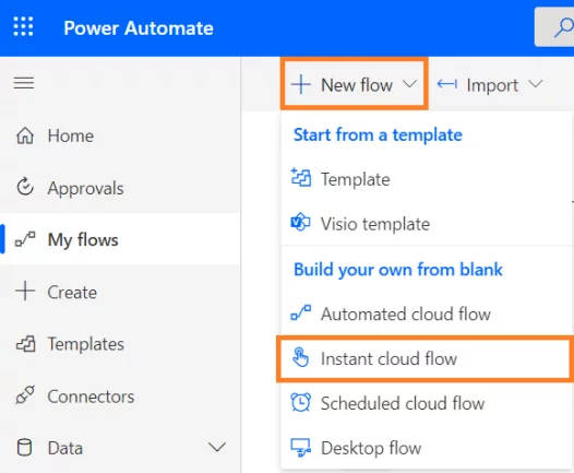 Creating an Instant or Manually Triggered Flow in Power Automate. image 1