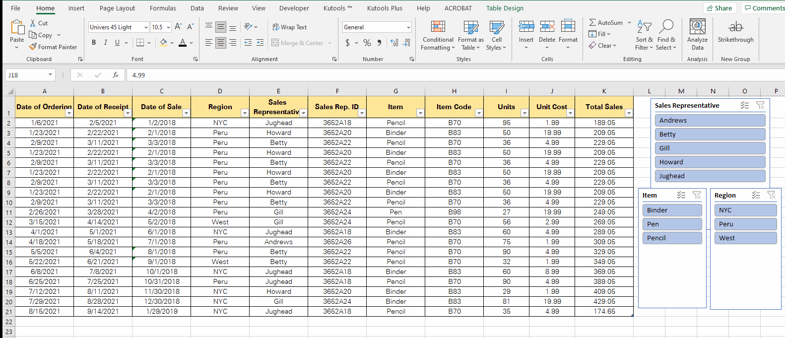 Adding slicers to an Excel table