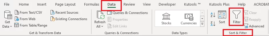 Applying filters to data using the sort & filter function
