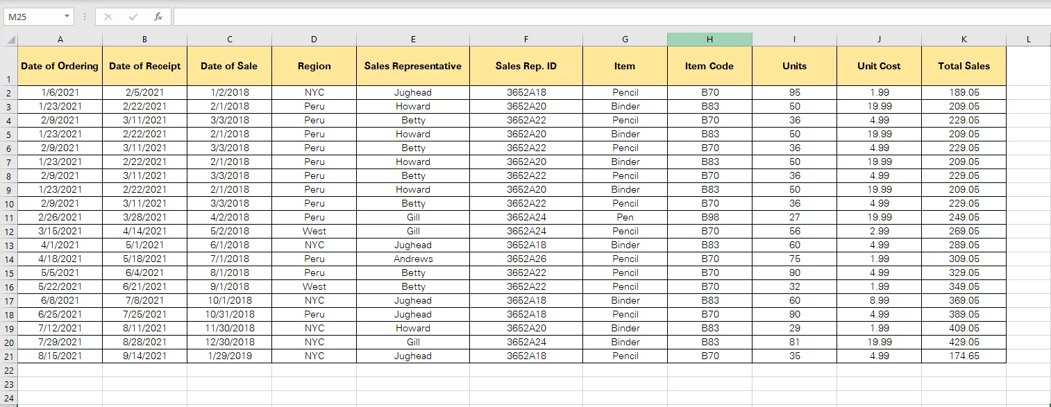data table in excel with several rows and columns