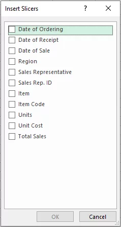 Insert Slicers dialog box