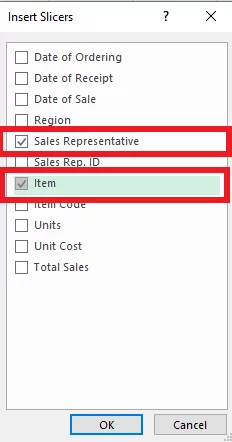 Checking boxes from the ‘Insert Slicers’ dialogue box