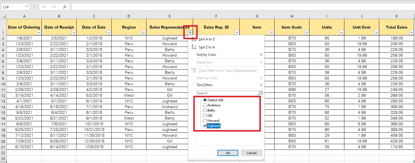 Filters applied to data