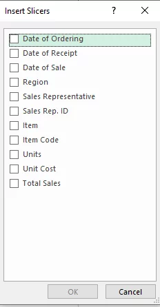 Insert Slicers options window