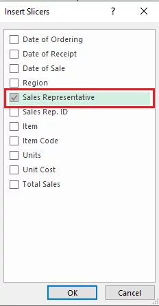 Selecting ‘Sales Representative’ from the Slicers pane