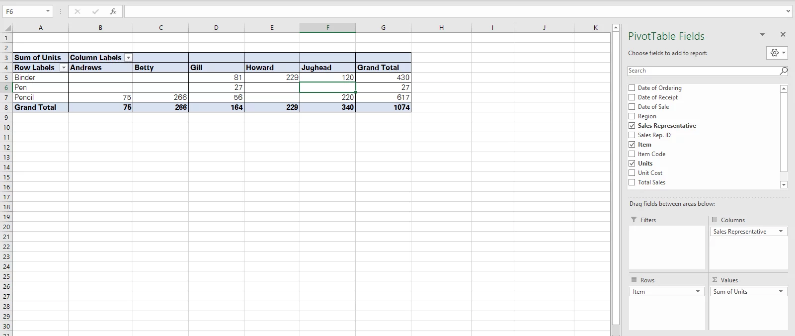 Pivot Table with fields on the right-hand side