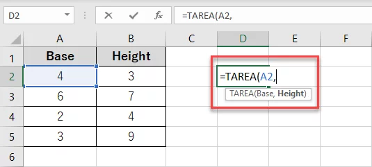 First argument of the TAREA function
