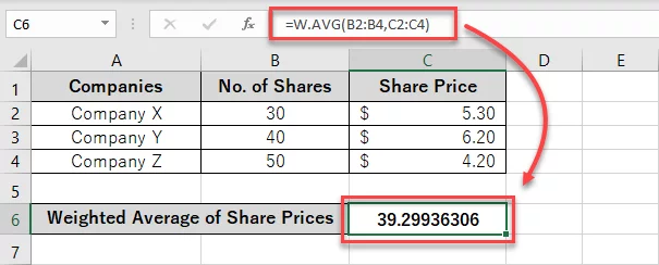 Excel runs the weighted average function