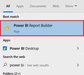 Preview menu when searching for Power BI from the search bar.