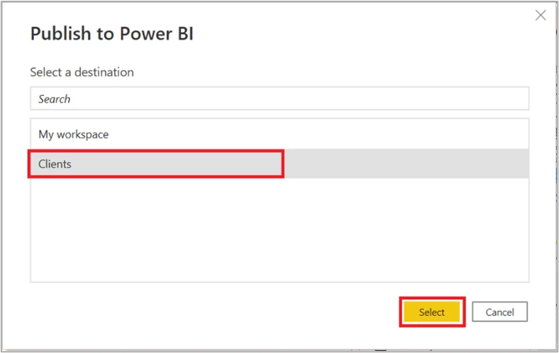 Selection of a workspace to add the report to.