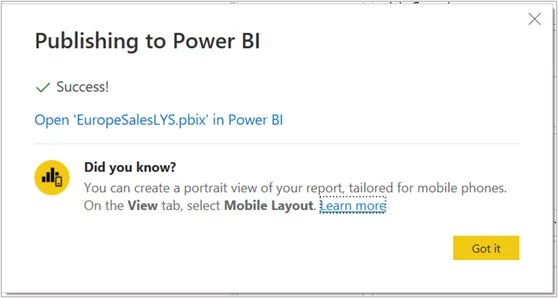 Screen showing that the report was successfully published to Power BI.