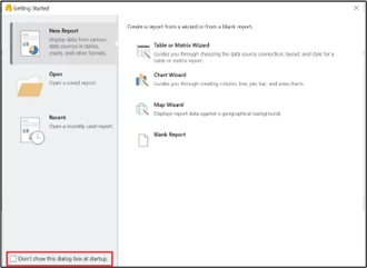 Dialogue box to start building a report.