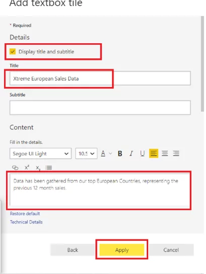 Dialogue box with the details to fill regarding adding a textbox tile.