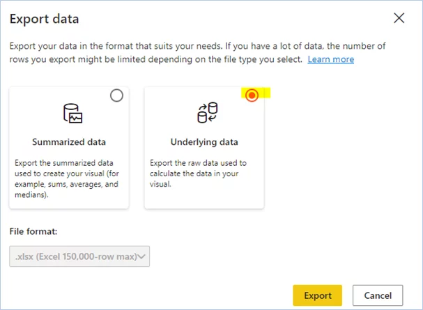 Export data dialogue box with underlying data selected.