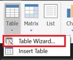 Contextual menu showing the table wizard option.