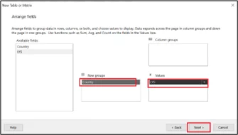 Dialogue box where you can select the fields to appear in the table.