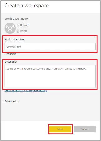 Dialogue box to create a workspace.