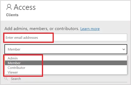 Dialogue box showing the Access options: fill in email address and type of access.