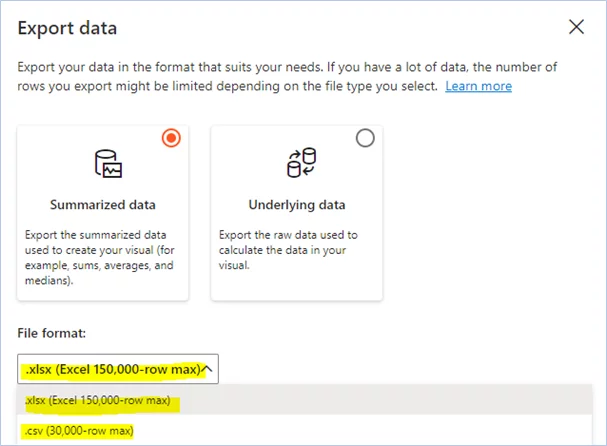 Export data dialogue box with summarized data selected.