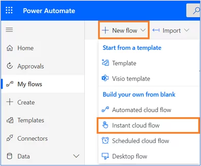 My Flows menu. New flow and instant cloud flow highlighted on the righ-hand side.