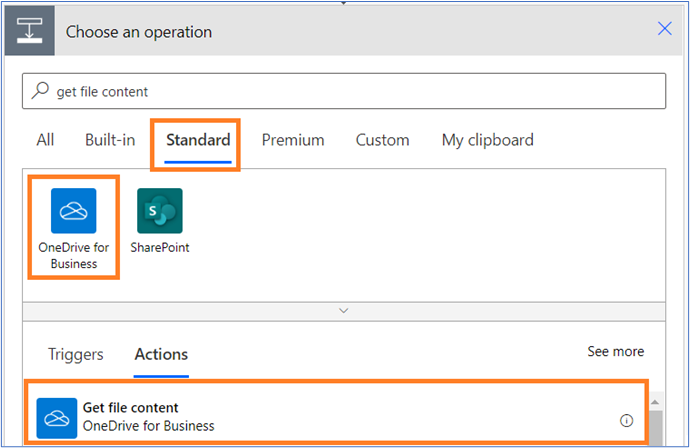 Standard tab highlighted. OneDrive for Business button highlighted. Actions tab selected. Get file content selected.