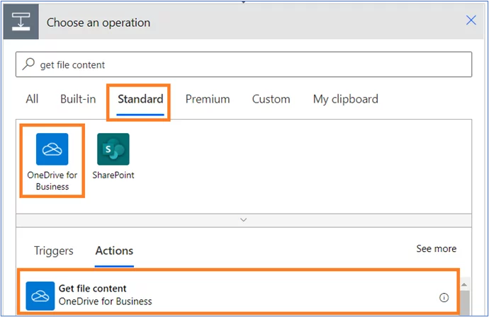 Standard tab highlighted. OneDrive for Business button highlighted. Actions tab selected. Get file content selected.
