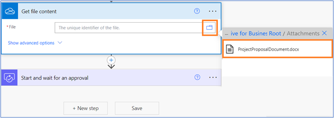 Get file content dialogue box. Icon with file selected. Document ProjectProposalDocument.docx highlighted.