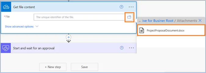 Get file content dialogue box. Icon with file selected. Document ProjectProposalDocument.docx highlighted.