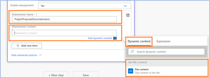 Attachments name and content boxes highlighgted. Dynamic content tab and file content option highlighted.