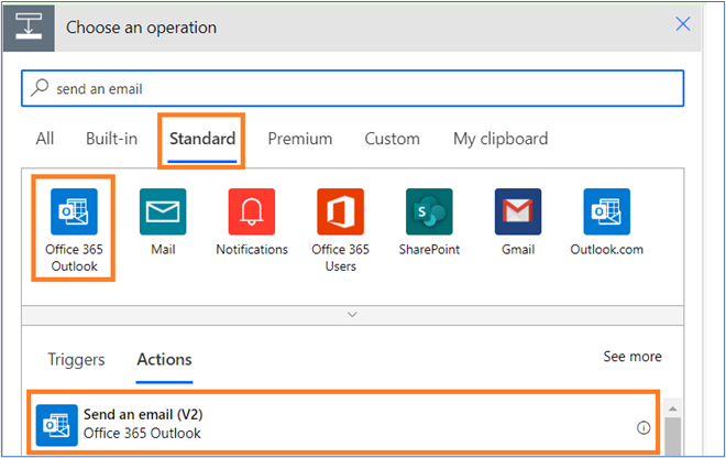 Standard tab selected. Office 365 Outlook selected. Actions tab and Send an email option highlighted.